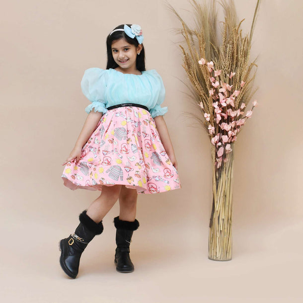Kalki Girls Blue And Pink Organza Printed Dress With Ruffel Sleeves