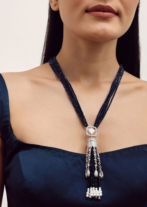 Blue And Silver Necklace With Pearl Tassel In Mix Metal
