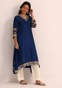 Blue And White Embroidered Silk Kurta Pant