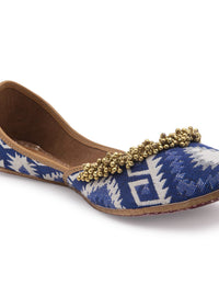 Blue And White Juttis In Jacquard With Tiny Ghungroos And Print By 5 Elements
