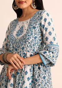 Blue And White Printed Cotton Kurta Sharara With Dupatta