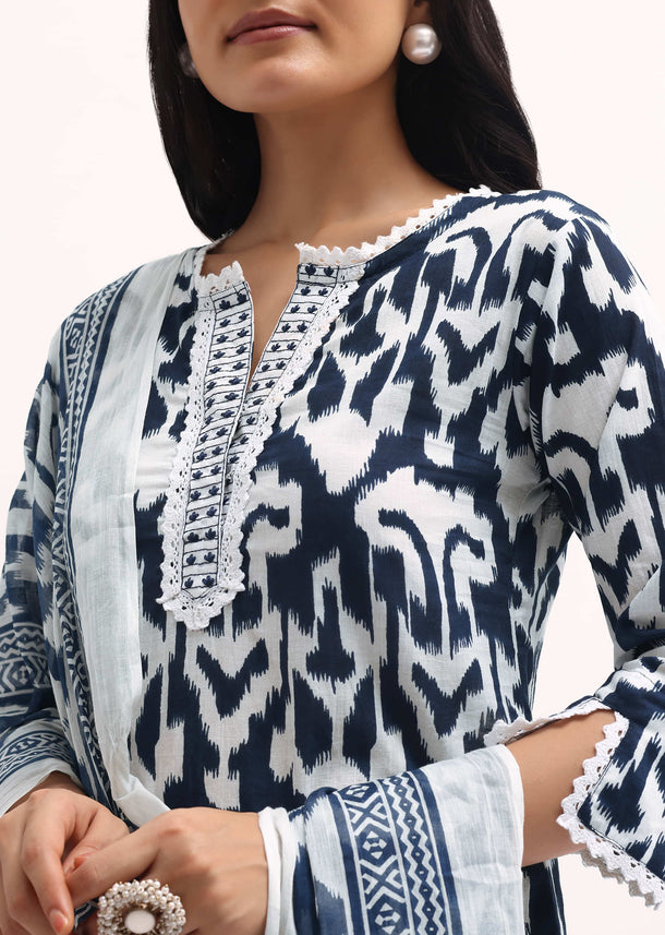 Blue And White Printed Kurta Set WIth Dupatta