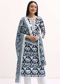 Blue And White Printed Kurta Set WIth Dupatta