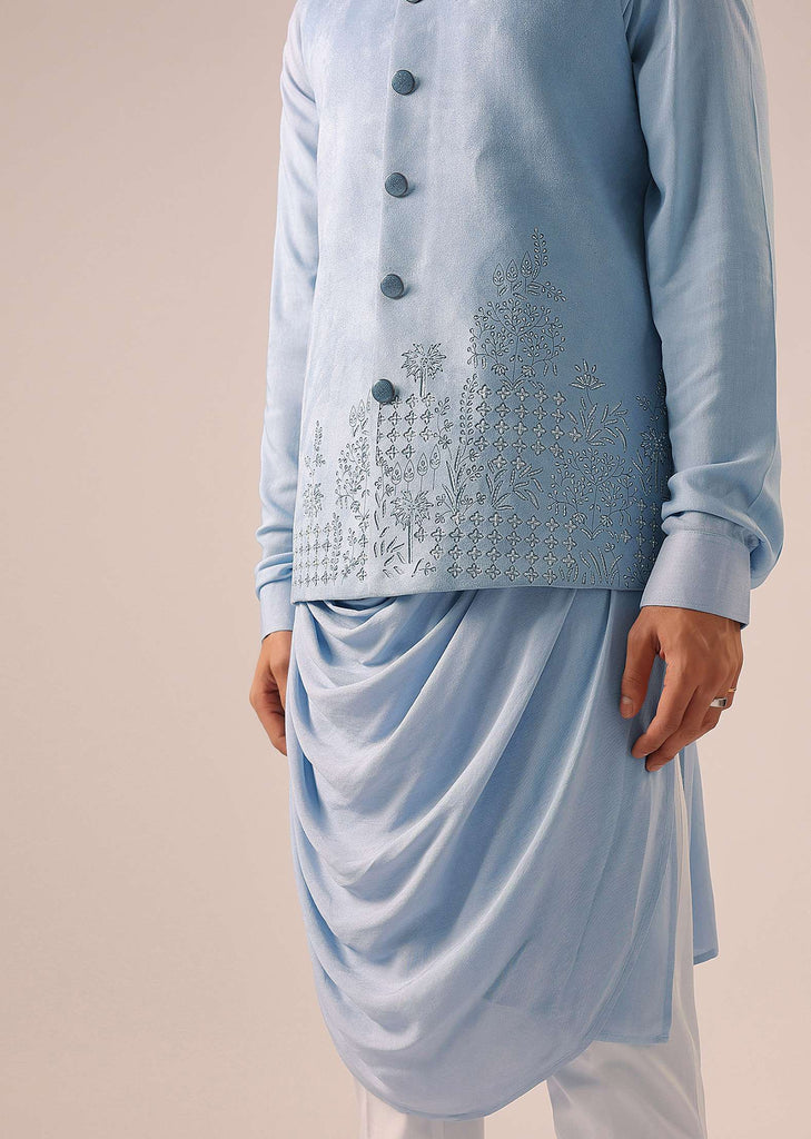 Blue Asymmetric Cowl Kurta Set with Cutwork Detail