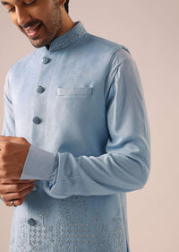 Blue Asymmetric Cowl Kurta Set with Cutwork Detail