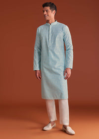 Blue Banaras Jacquard Kurta Set With Printed Design