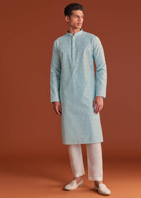 Blue Banaras Jacquard Kurta Set With Printed Design