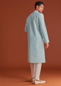 Blue Banaras Jacquard Kurta Set With Printed Design
