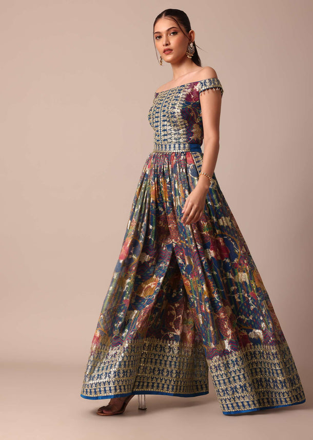 Blue Banarasi Silk Embroidery Printed Party Jumpsuit With Belt