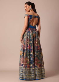 Blue Banarasi Silk Embroidery Printed Party Jumpsuit With Belt