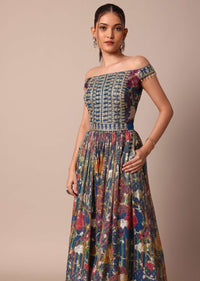 Blue Banarasi Silk Embroidery Printed Party Jumpsuit With Belt