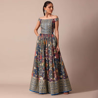 Blue Banarasi Silk Embroidery Printed Party Jumpsuit With Belt