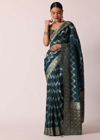 Blue Banarasi Silk Saree With Meenakari Work And Unstitched Blouse Piece