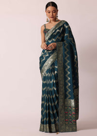 Blue Banarasi Silk Saree With Meenakari Work And Unstitched Blouse Piece