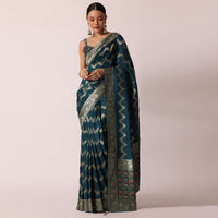 Blue Banarasi Silk Saree With Meenakari Work And Unstitched Blouse Piece