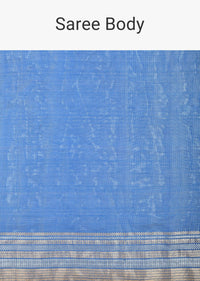 Blue Banarasi Silk Saree With Silver Zari Pallu And Unstitched Blouse Piece