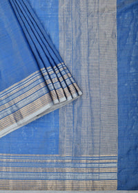 Blue Banarasi Silk Saree With Silver Zari Pallu And Unstitched Blouse Piece