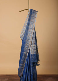 Blue Banarasi Silk Saree With Silver Zari Pallu And Unstitched Blouse Piece