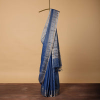 Blue Banarasi Silk Saree With Silver Zari Pallu And Unstitched Blouse Piece