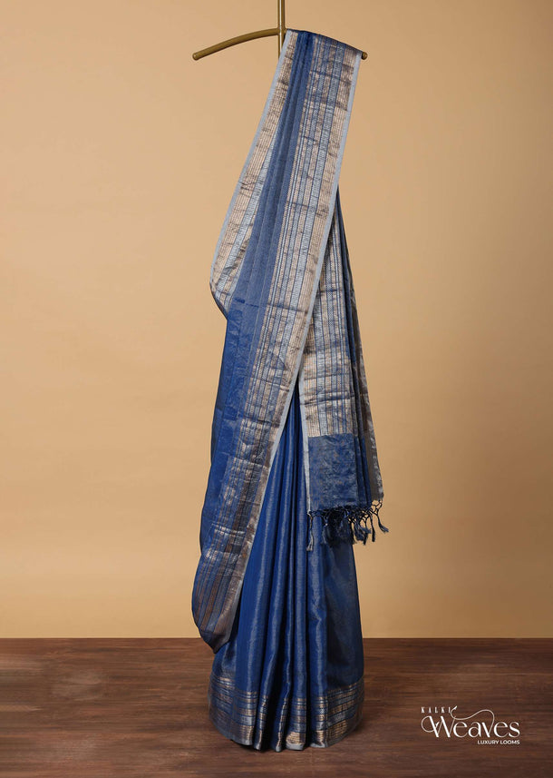Blue Banarasi Silk Saree With Silver Zari Pallu And Unstitched Blouse Piece