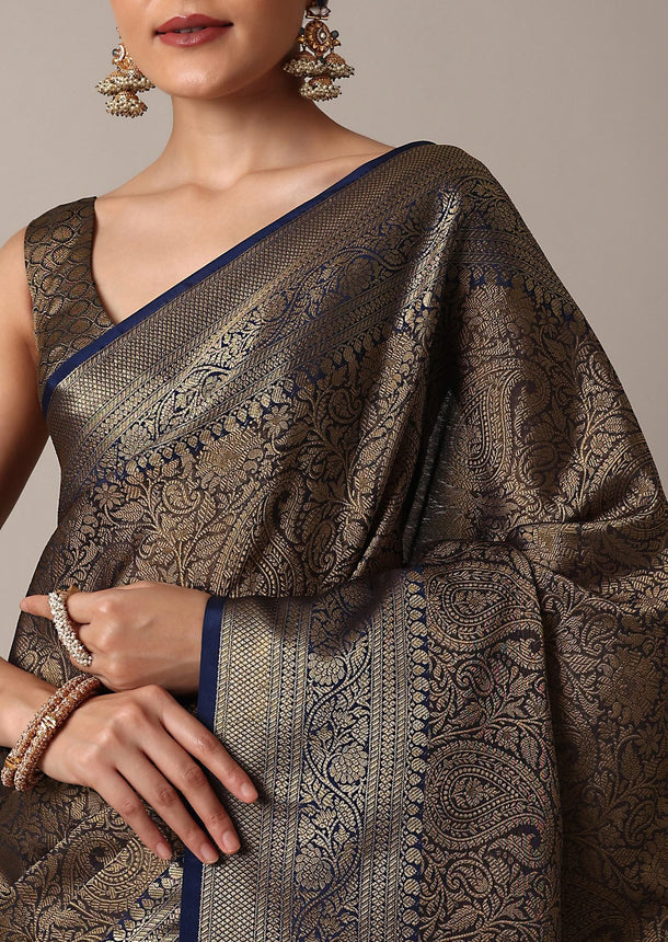 Blue Banarasi Tunchui Silk Saree With Gold Work And Unstitched Blouse Piece