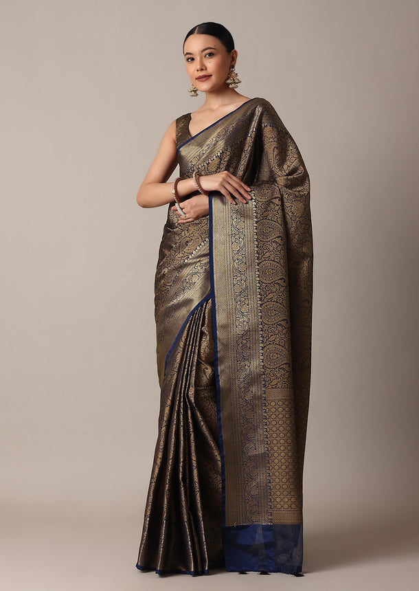 Blue Banarasi Tunchui Silk Saree With Gold Work And Unstitched Blouse Piece