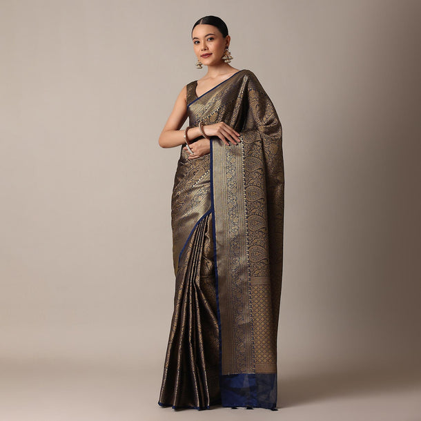 Blue Banarasi Tunchui Silk Saree With Gold Work And Unstitched Blouse Piece