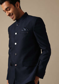 Blue Bandhgala Jodhpuri And Pant Set In Terry Rayon