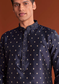 Blue Benaras Jacquard Kurta Set With Print