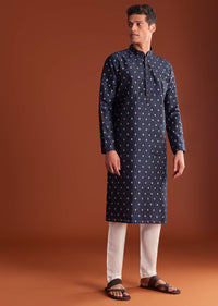 Blue Benaras Jacquard Kurta Set With Print