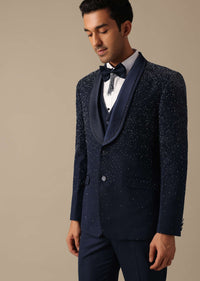 Blue Blazer And Pant Set In Terry Rayon With Cutwork Detail Tuxedo