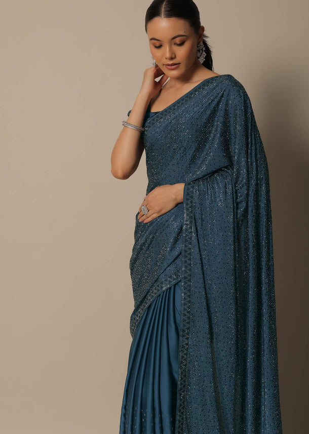 Blue Bliss Satin Saree With Unstitched Blouse