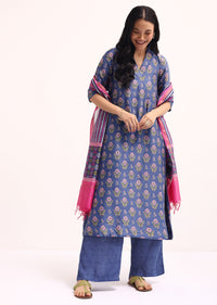 Blue Block Printed Chanderi Kurta Palazzo Set