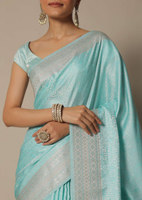 Blue Brocade Silk Saree With Unstitched Blouse Fabric