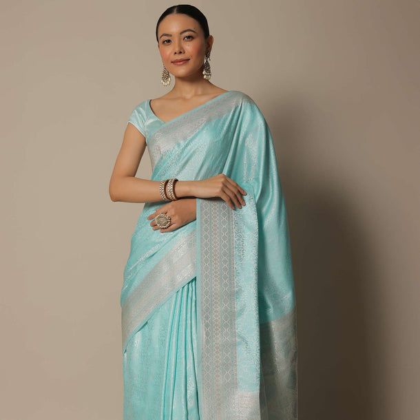 Blue Brocade Silk Saree With Unstitched Blouse Fabric