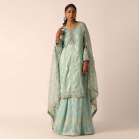 Blue Chanderi Embroidered Kurta And Skirt Set