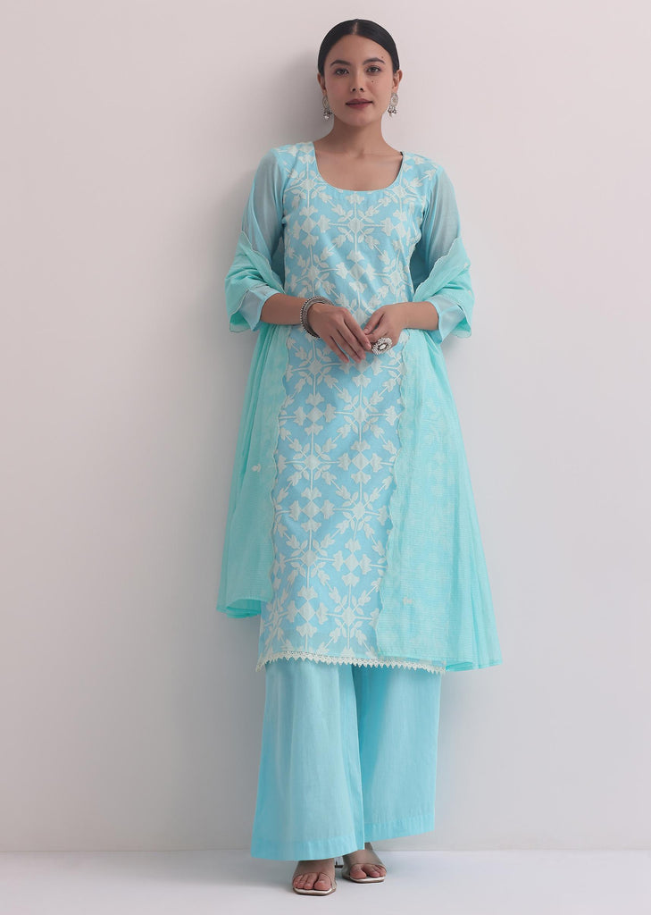 Blue Chanderi Patchwork Palazzo Set With Lace Trims