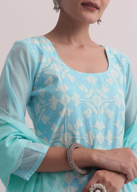 Blue Chanderi Patchwork Palazzo Set With Lace Trims