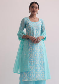 Blue Chanderi Patchwork Palazzo Set With Lace Trims