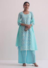 Blue Chanderi Patchwork Palazzo Set With Lace Trims