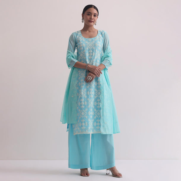 Blue Chanderi Patchwork Palazzo Set With Lace Trims