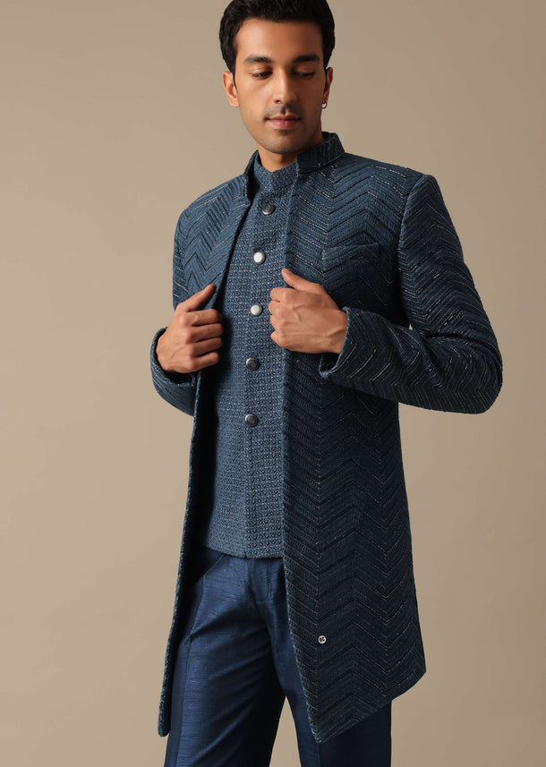 Blue Chanderi Silk Indowestern Fusion Jacket Set