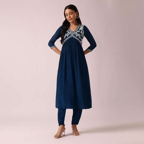 Blue Chiffon Anarkali And Pant Set