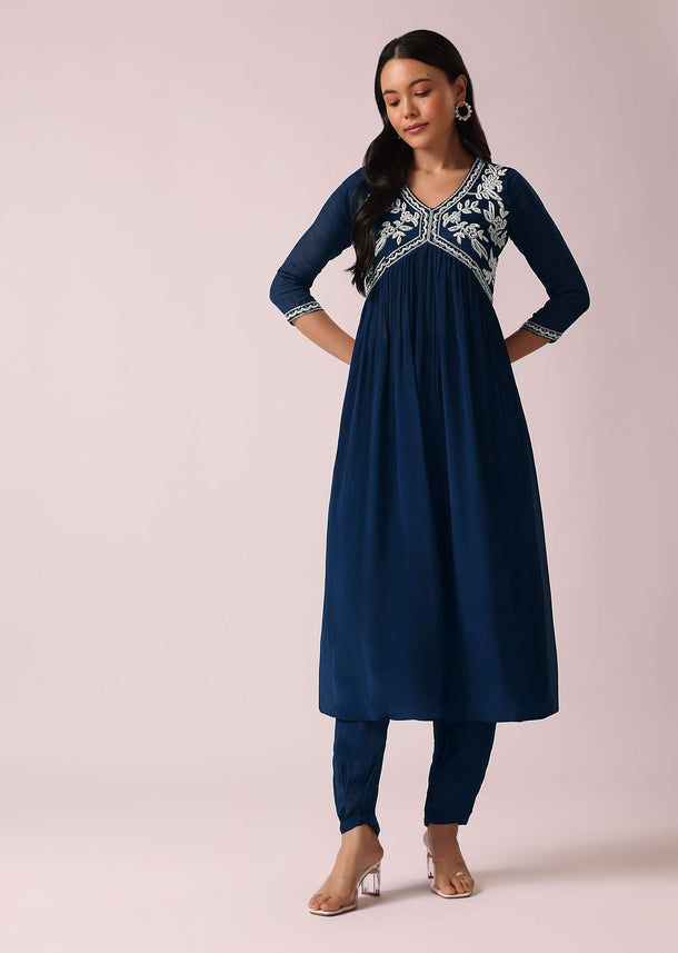 Blue Chiffon Anarkali And Pant Set