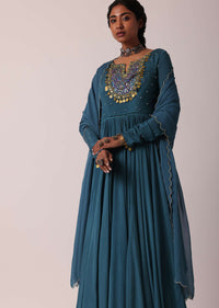 Blue Chiffon Anarkali With Dupatta