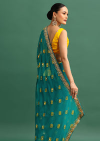 Blue Chiffon Bandhani Saree With Kundan Embroidered Border And Unstitched Blouse