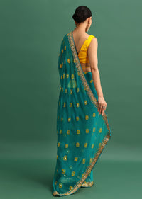 Blue Chiffon Bandhani Saree With Kundan Embroidered Border And Unstitched Blouse