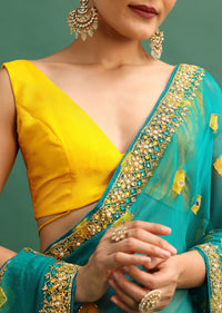 Blue Chiffon Bandhani Saree With Kundan Embroidered Border And Unstitched Blouse