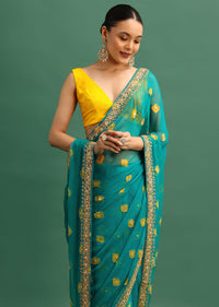 Blue Chiffon Bandhani Saree With Kundan Embroidered Border And Unstitched Blouse