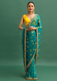 Blue Chiffon Bandhani Saree With Kundan Embroidered Border And Unstitched Blouse